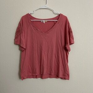 C&C California Coral V-Neck Top with Crochet Sleeves